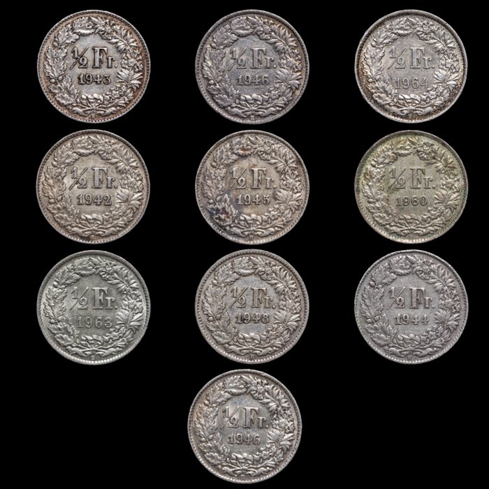 Schweiz. 1/2 Franc 1942-1964/ 10 monedas  (Ingen mindstepris)