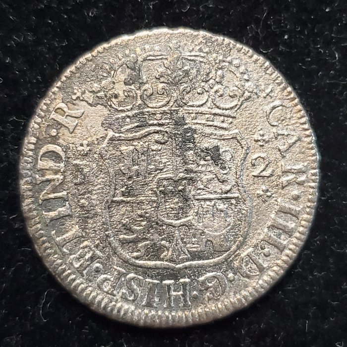 Spanien. 2 Reales 1765 Carlos III, QUE  (Ingen mindstepris)