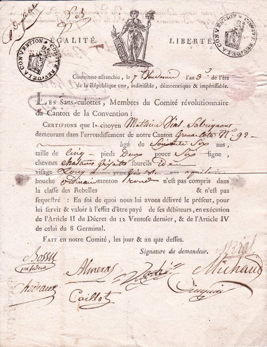 [Révolution Française] Jean-François Bossu - Maire de Lyon - Certificat de non rebellion signé pour le Citoyen Vial [Commune-affranchie ( Lyon)] - 1795