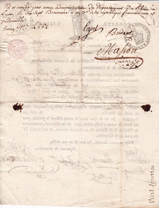 [Révolution Française] Jean-François Bossu - Maire de Lyon - Certificat de non rebellion signé pour le Citoyen Vial [Commune-affranchie ( Lyon)] - 1795