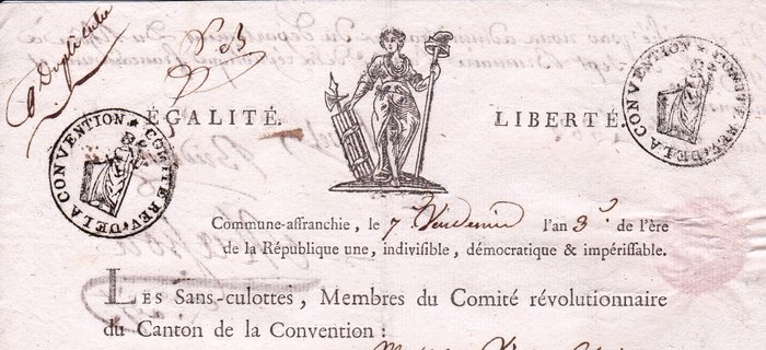 [Révolution Française] Jean-François Bossu - Maire de Lyon - Certificat de non rebellion signé pour le Citoyen Vial [Commune-affranchie ( Lyon)] - 1795