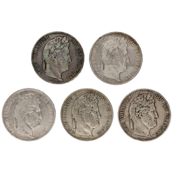 Frankrig Ludvig-Filip 1 (1830-1848) 5 Francs 1834/1845 (5 stuks)  (Ingen mindstepris)