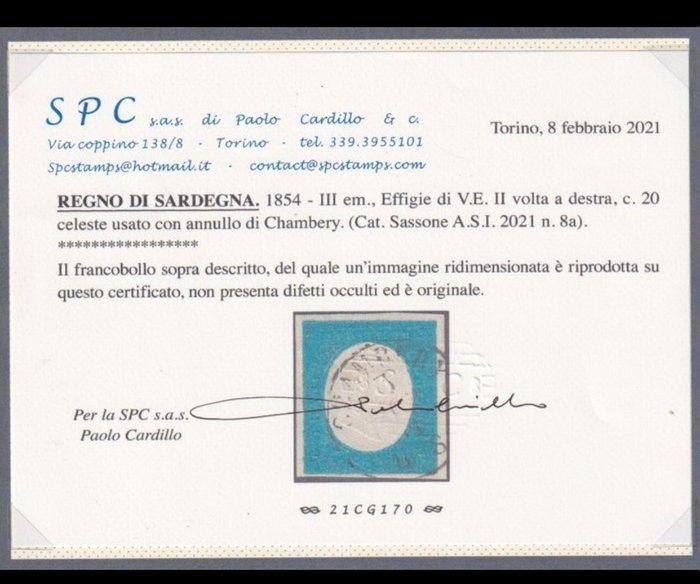 Antikke Italienske Stater - Sardinien 1854 - Sardinien 1854 20 cent 8a lyseblå multi-signeret cardillo certifikat €5500 exceptionelt - Sassone 8a