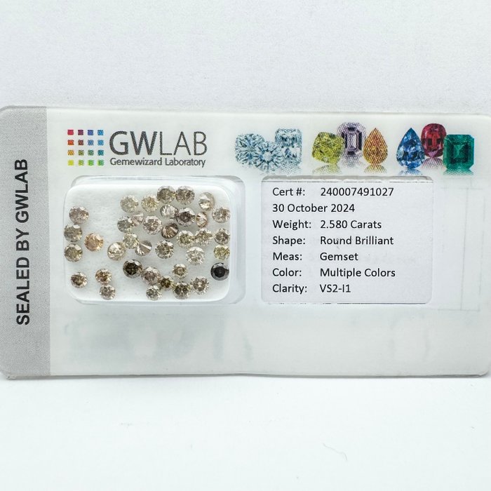 Ingen mindstepris - 37 pcs Diamant  (Naturfarvet)  - 2.58 ct - Rund Blandede farver - I1, SI1, SI2, SI3, VS2 - Gemewizard Gemological Laboratory (GWLab)