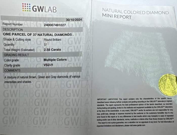 Ingen mindstepris - 37 pcs Diamant  (Naturfarvet)  - 2.58 ct - Rund Blandede farver - I1, SI1, SI2, SI3, VS2 - Gemewizard Gemological Laboratory (GWLab)