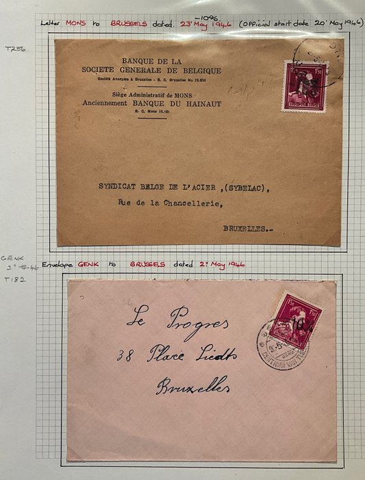 Belgien 1945 - Udgave Van Acker -10% - Indsamling af tryktyper fra forskellige lokaliteter - ex. OBP 724... - o.a. op document