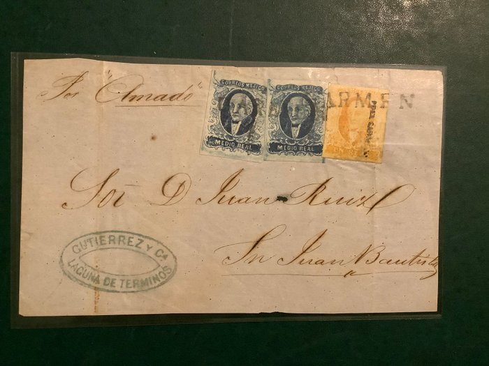 Mexico 1856/1861 - De første to frimærker på forsiden af brevet, smukt kantet - Michel 1 II (2x) en 2 Ia