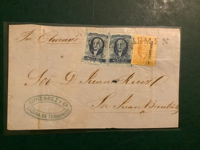 Mexico 1856/1861 - De første to frimærker på forsiden af brevet, smukt kantet - Michel 1 II (2x) en 2 Ia