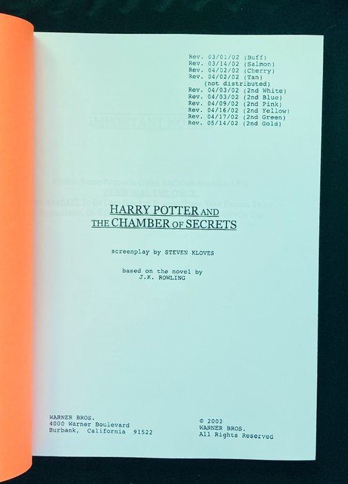 Harry Potter and the Chamber of Secrets - Original Script from the Production Company  - Final Revision - May 14th, 2022