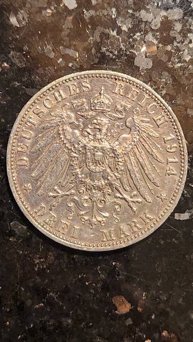 Tyskland, Württemberg. Wilhelm II. (1891-1918). 3 Deutsche Silver Mark 1914-F  (Ingen mindstepris)