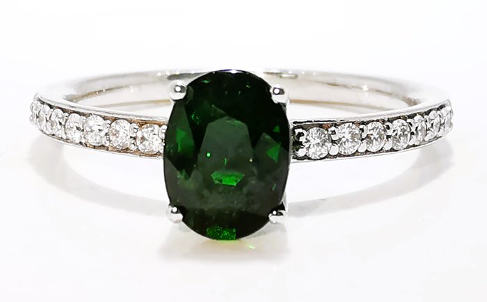 Ring - 18 kraat Hvidguld, Tsavorite Vivid Green 1.23ct fin farve Tsavorit - Diamant