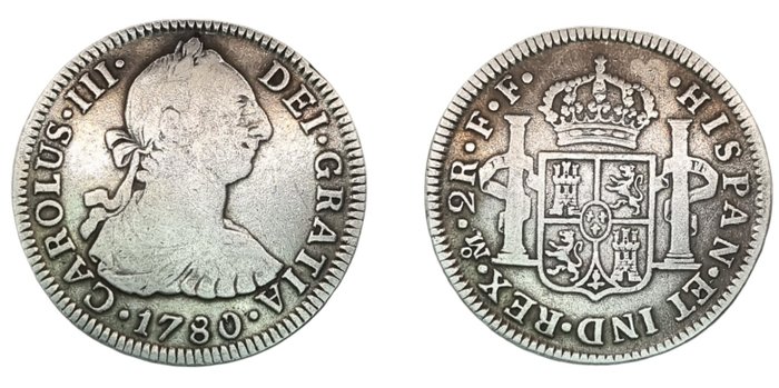 Spanien. Carlos III (1759-1788). 2 Reales 1780 Mexico FF  (Ingen mindstepris)