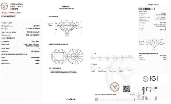 Ingen mindstepris - 1 pcs Diamant  (Naturfarvet)  - 0.36 ct - Rund - Fancy light Brunlig, Grålig Gul - I2 - International Gemological Institute (IGI)