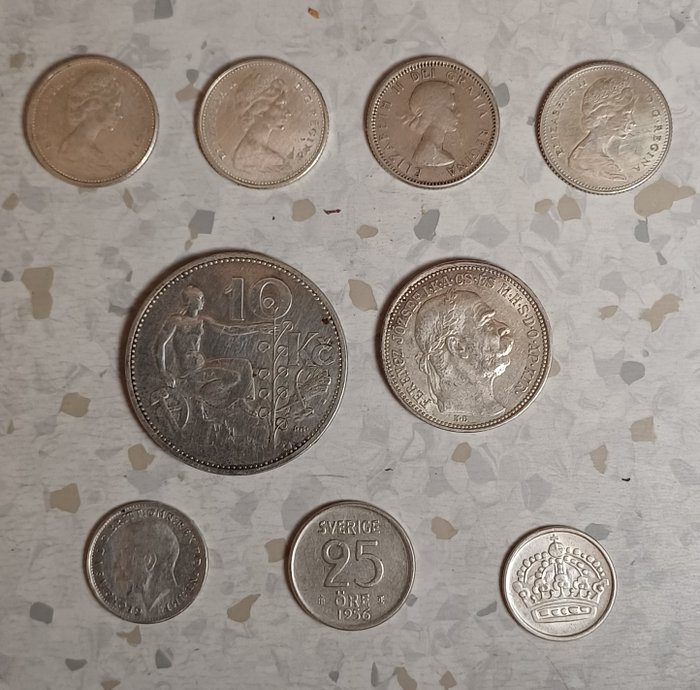 Canada, Storbritannien, Sverige, Tjekkoslovakiet, Ungarn. A Lot of 9x Silver Coins  (Ingen mindstepris)