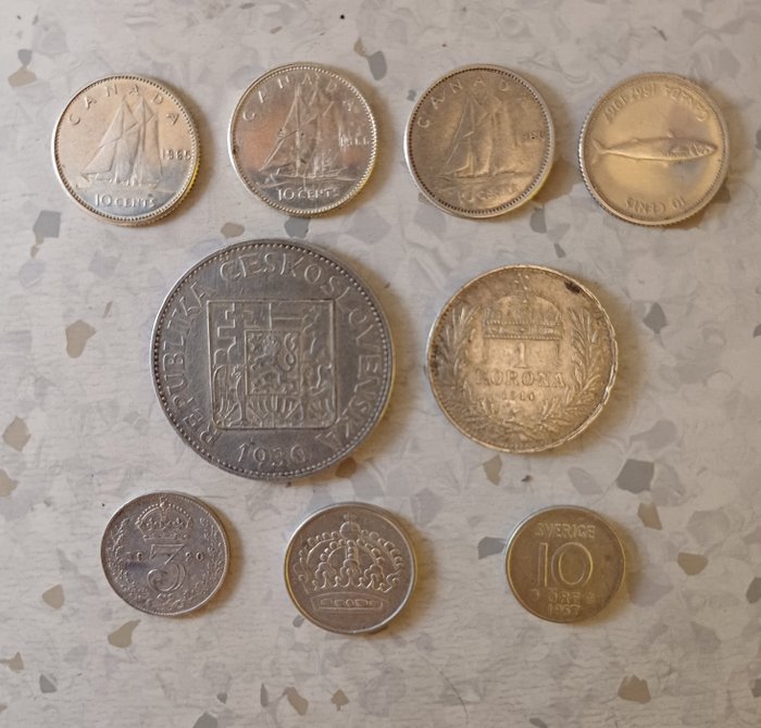 Canada, Storbritannien, Sverige, Tjekkoslovakiet, Ungarn. A Lot of 9x Silver Coins  (Ingen mindstepris)