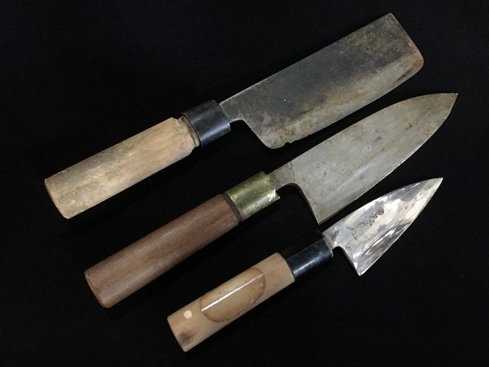 Set of 3 / Japanese Vintage Kitchen Knife / 菜切 NAKIRI 出刃 DEBA - Køkkenkniv - Stål, Træ - Japan