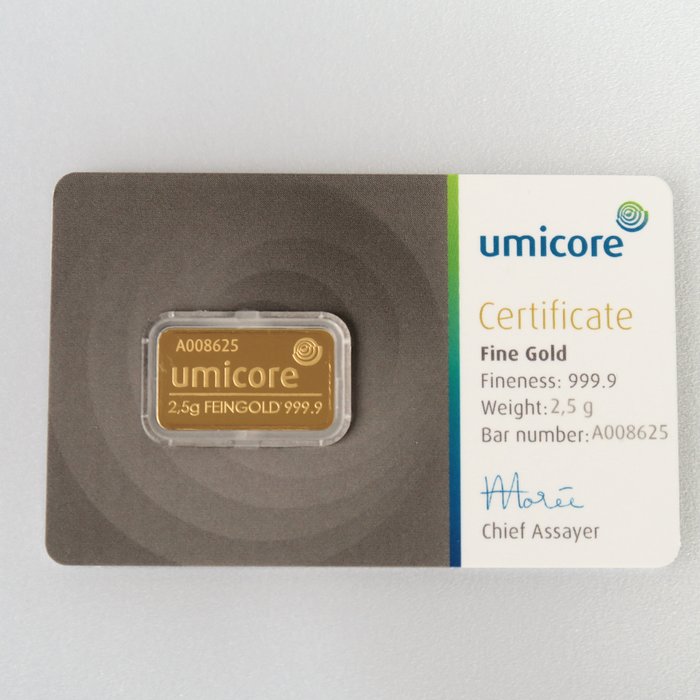 2,5 gram - Guld 999 - Umicore, Belgium - Forseglet  Med certifikat