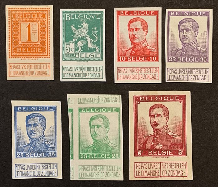 Belgien 1912 - Uitgifte Pellens - ONGETAND incl. de moeilijke waarde 5fr Wijnrood - ex. OBP 108/125 ND