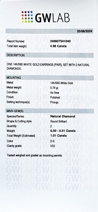 Øreringe - 14 karat Hvidguld -  1.01ct. tw. Diamant (Natur) - D-E / VS2