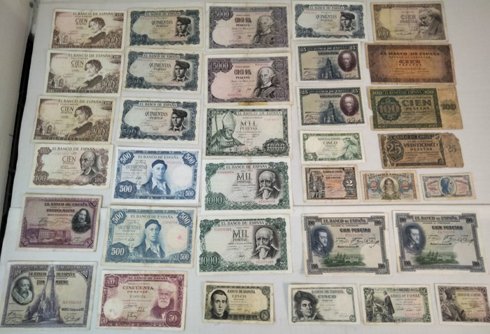 Spanien. - 34 banknotes - various dates  (Ingen mindstepris)