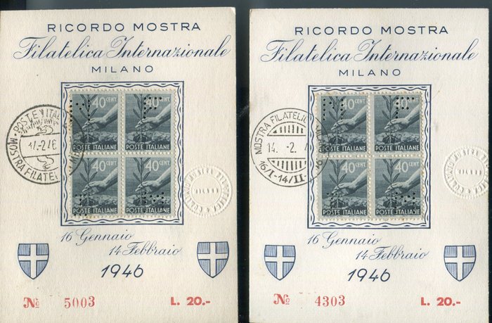 Italien Kongerige 1946 - De sjældne souvenirkort fra "den internationale filatelistiske udstilling i Milano" - Sassone 546