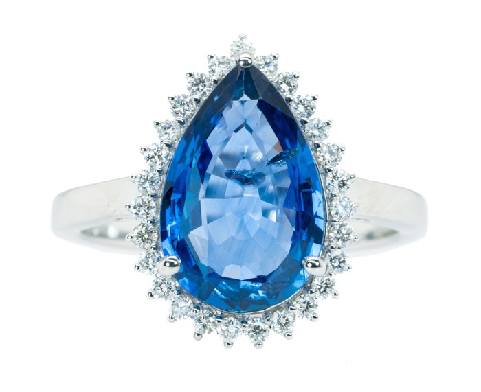 Ring - 18 kraat Hvidguld Rich Blue (Ceylon) -  414ct tw Safir - Diamant - 028ct -SI-I1