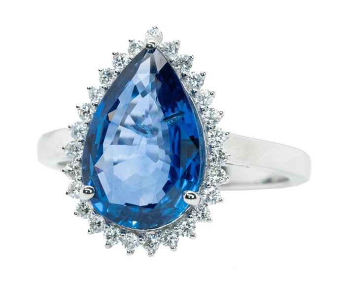 Ingen mindstepris - Ring - 18 kraat Hvidguld, Rich Blue (Ceylon) -  4.14ct. tw. Safir - Diamant - 0,28ct -SI-I1