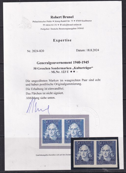 Generalgouvernement 1944 - Uperforeret problem i par. CERTIFIKAT: R.Brunel. - Michel: 123 U