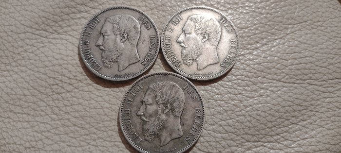 Belgien Leopold II (1865-1909) 5 Francs 1868 1873 (3x)  (Ingen mindstepris)