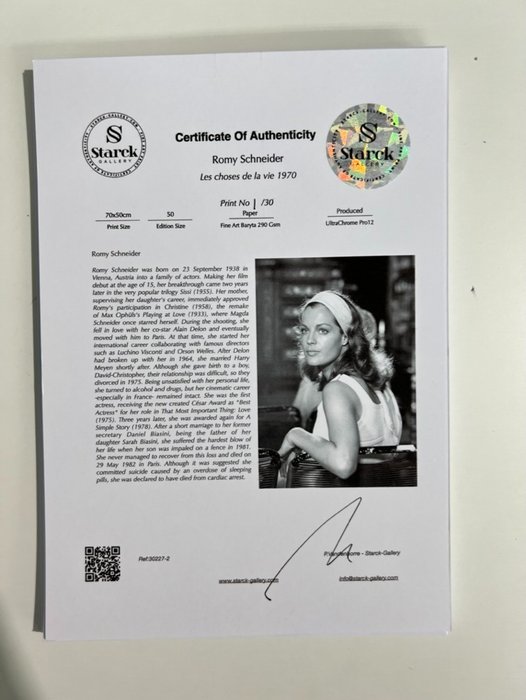 Les choses de la vie 1970 - Romy Schneider - Fine Art Photography - Luxury Wooden Framed 70X50 cm  - Limited Edition Nr 03 of 30 - Serial ID - Original Certificate (COA), Hologram Logo Editor and QR Code - 100% New items.