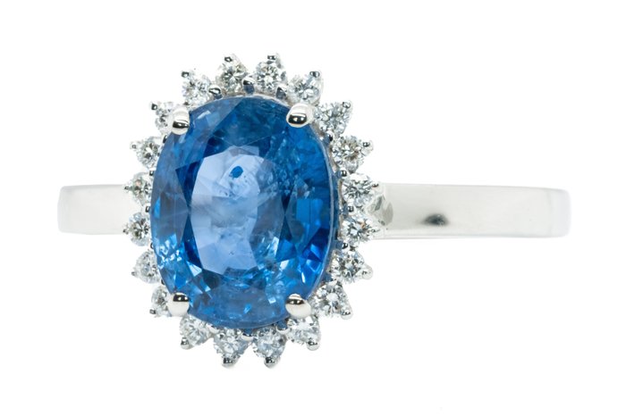 Ingen mindstepris - Ring - 18 kraat Hvidguld, 'Cornflower Blue' (Ceylon) -  3.07ct. tw. Safir - Diamant - 0,18 ct - VS