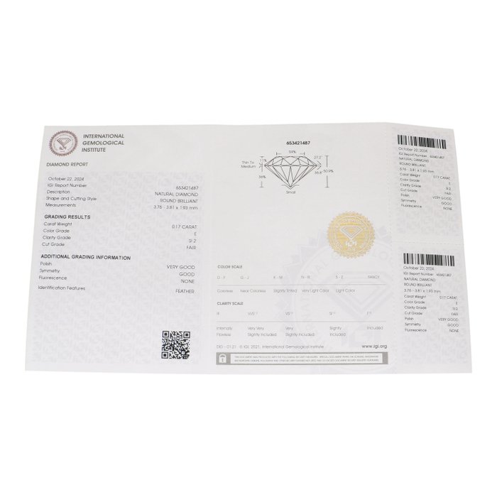 Ingen mindstepris - 1 pcs Diamant  (Natur)  - 0.17 ct - Rund - E - SI2 - International Gemological Institute (IGI)