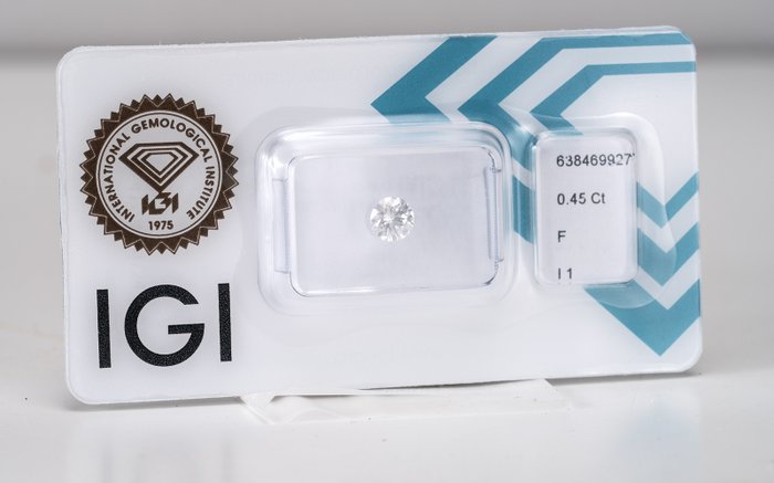 1 pcs Diamant  (Natur)  - 0.45 ct - Rund - F - I1 - International Gemological Institute (IGI)