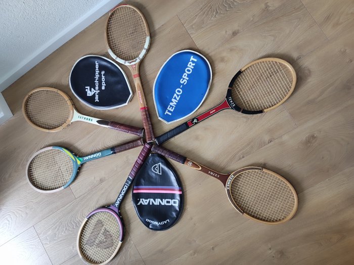 Temzo Jupiter, Twee keer Dunlop, Maxplay/Saturne, Twee keer Donnay, Kennex Ultra - Tennisketsjer