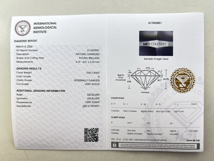 1 pcs Diamant  (Natur)  - 0.30 ct - Rund - D (farveløs) - IF - International Gemological Institute (IGI)