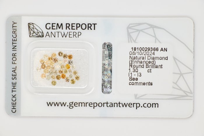 Ingen mindstepris - 38 pcs Diamant  (Farvebehandlet)  - 1.30 ct - Rund - I1, I2, I3 - Gem Report Antwerp (GRA) - INGEN RESERVEPRIS