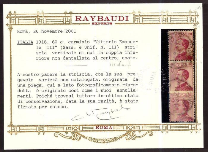 Italien Kongerige 1918 - 60 cents karmin Michetti lodret par uden indhak i midten - Sassone N 11faf