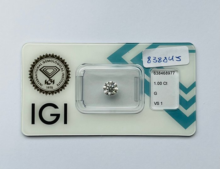 1 pcs Diamant  (Natur)  - 1.00 ct - Rund - G - VS1 - International Gemological Institute (IGI)