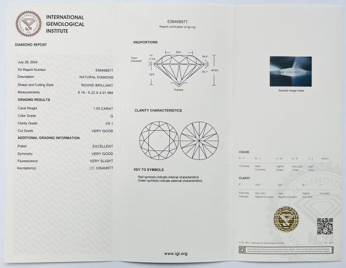 1 pcs Diamant  (Natur)  - 1.00 ct - Rund - G - VS1 - International Gemological Institute (IGI)