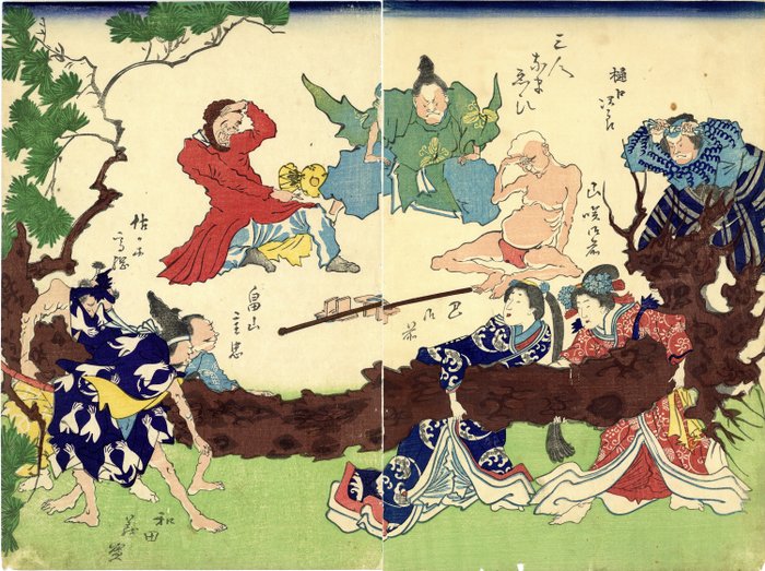 Original diptykon med træbloktryk - Papir - Utagawa School artist 歌川派 - Three drunk men watch Tomoe Gozen, Yamazaki Gozen, and other Japanese heroes pull a giant tree - Japan - 1850-70'erne