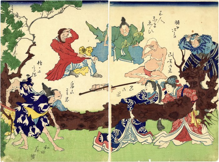 Original diptykon med træbloktryk - Papir - Utagawa School artist 歌川派 - Three drunk men watch Tomoe Gozen, Yamazaki Gozen, and other Japanese heroes pull a giant tree - Japan - 1850-70'erne