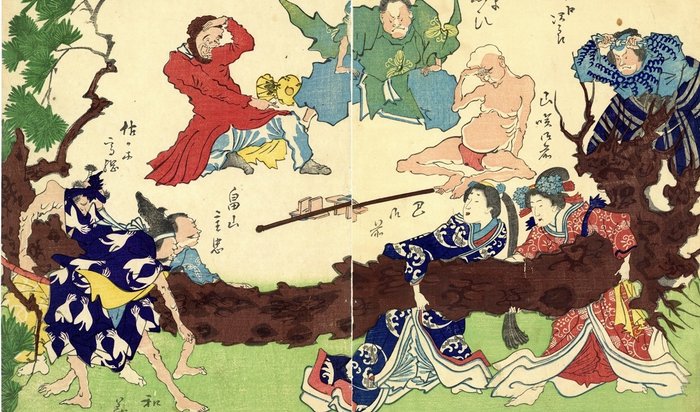 Original diptykon med træbloktryk - Papir - Utagawa School artist 歌川派 - Three drunk men watch Tomoe Gozen, Yamazaki Gozen, and other Japanese heroes pull a giant tree - Japan - 1850-70'erne