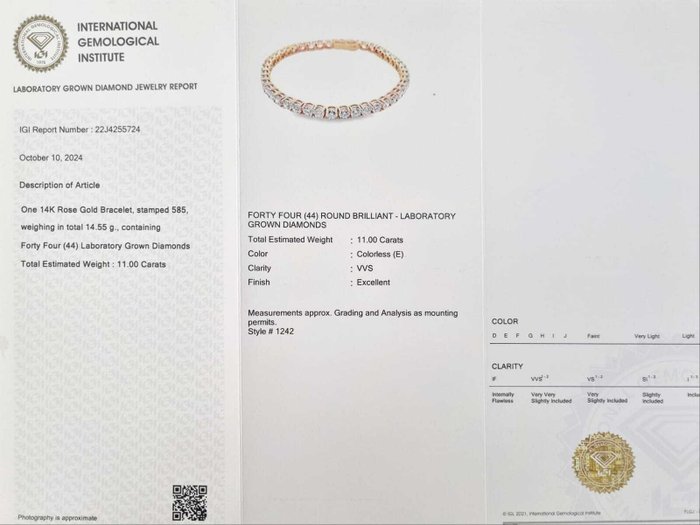 Tennisarmbånd - 14 karat Rosaguld -  11.00ct. tw. Diamant (Laboratoriedyrket)