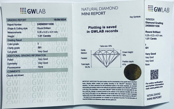 1 pcs Diamant  (Natur)  - 1.01 ct - Rund - I - SI1 - Gemewizard Gemological Laboratory (GWLab) - ( NATURLIG )