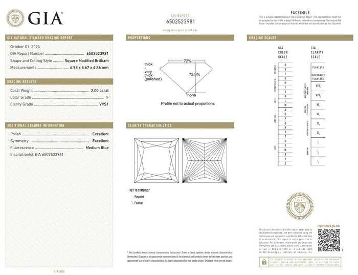 1 pcs Diamant  (Natur)  - 2.00 ct - Kvadrat - F - VVS1 - Gemological Institute of America (GIA)