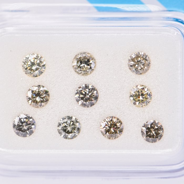 Ingen mindstepris - 10 pcs Diamant  (Naturfarvet)  - 103 ct - Rund - Fancy Brunlig Grålig Gul - I1 SI2 - International Gemological Institute (IGI)