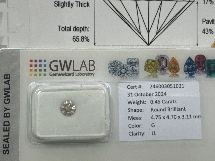 Ingen mindstepris - 1 pcs Diamant  (Natur)  - 0.45 ct - Rund - G - I1 - Gemewizard Gemological Laboratory (GWLab)