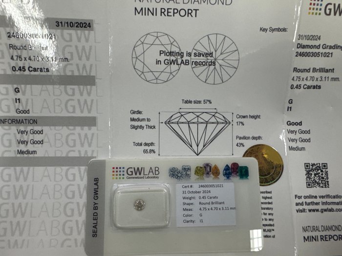 Ingen mindstepris - 1 pcs Diamant  (Natur)  - 0.45 ct - Rund - G - I1 - Gemewizard Gemological Laboratory (GWLab)