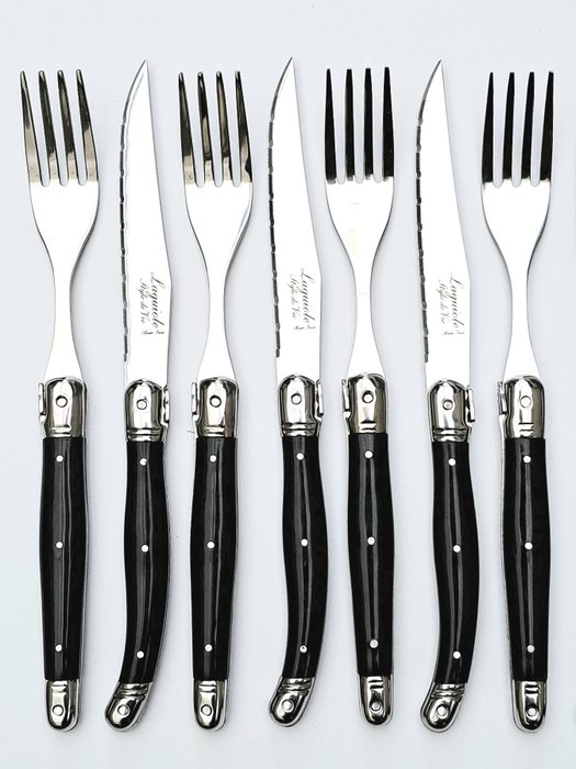 Laguiole - 6x Forks  6x knives - Black - style de - Bordknive sæt (12) - Rustfrit stål