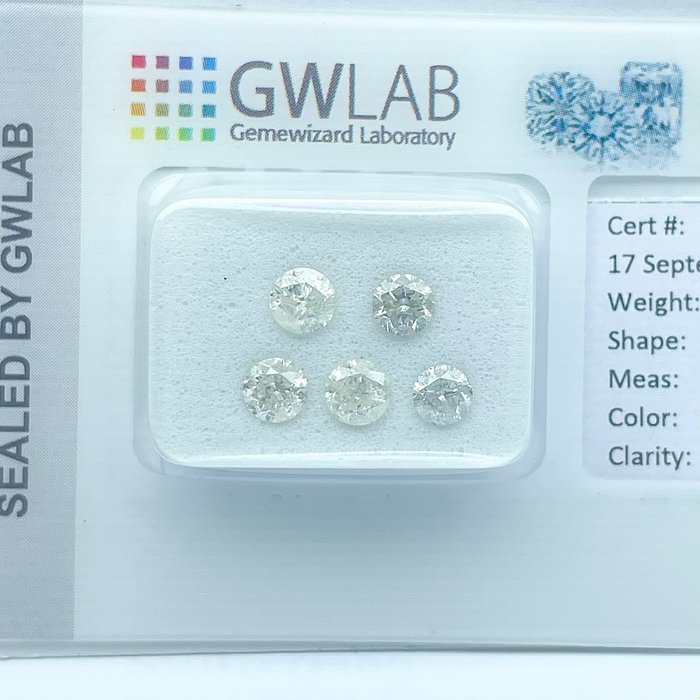 Ingen mindstepris - 5 pcs Diamant  (Natur)  - 1.42 ct - Rund - F, G, H, I - I2 - Gemewizard Gemological Laboratory (GWLab)